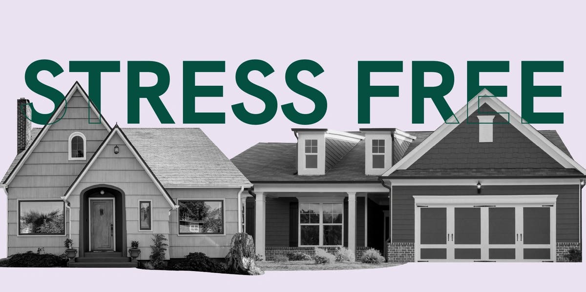 Black and white house with 'stress free' words in background - how to buy and sell a house at the same time Properly homes
